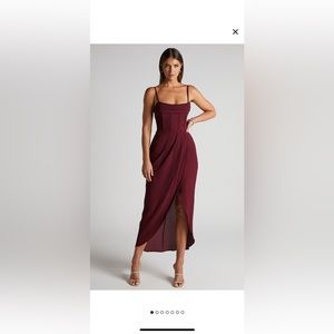 ANDRINA MIDI DRESS HIGH LOW WRAP CORSET DRESS WINE Size 12 Wedding guest dress